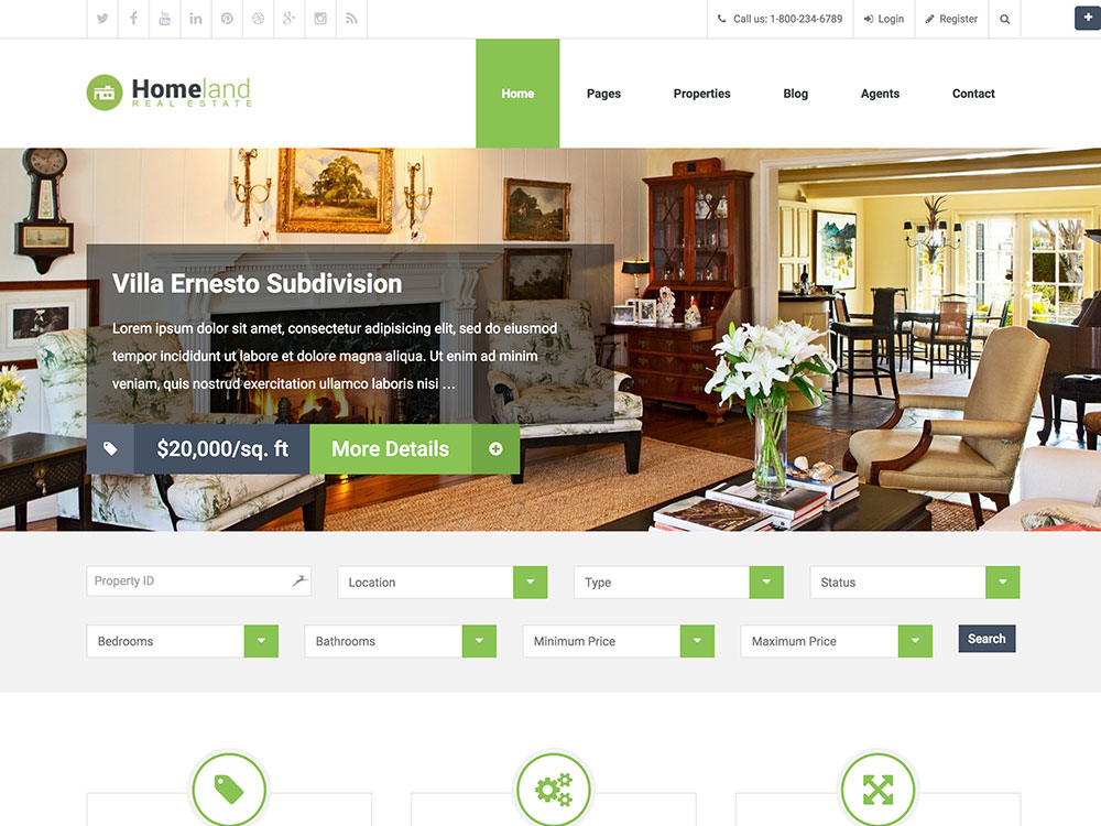 Property Theme Wordpress Homeland is an attractive and purpose oriented Real Estate WordPress Theme.
